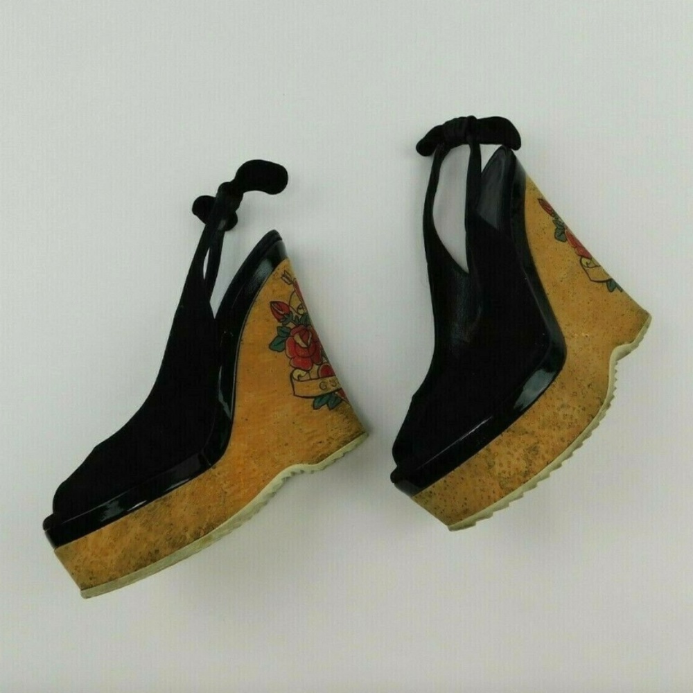 Gucci Tattoo Cork Platform Suede Slingback Wedges